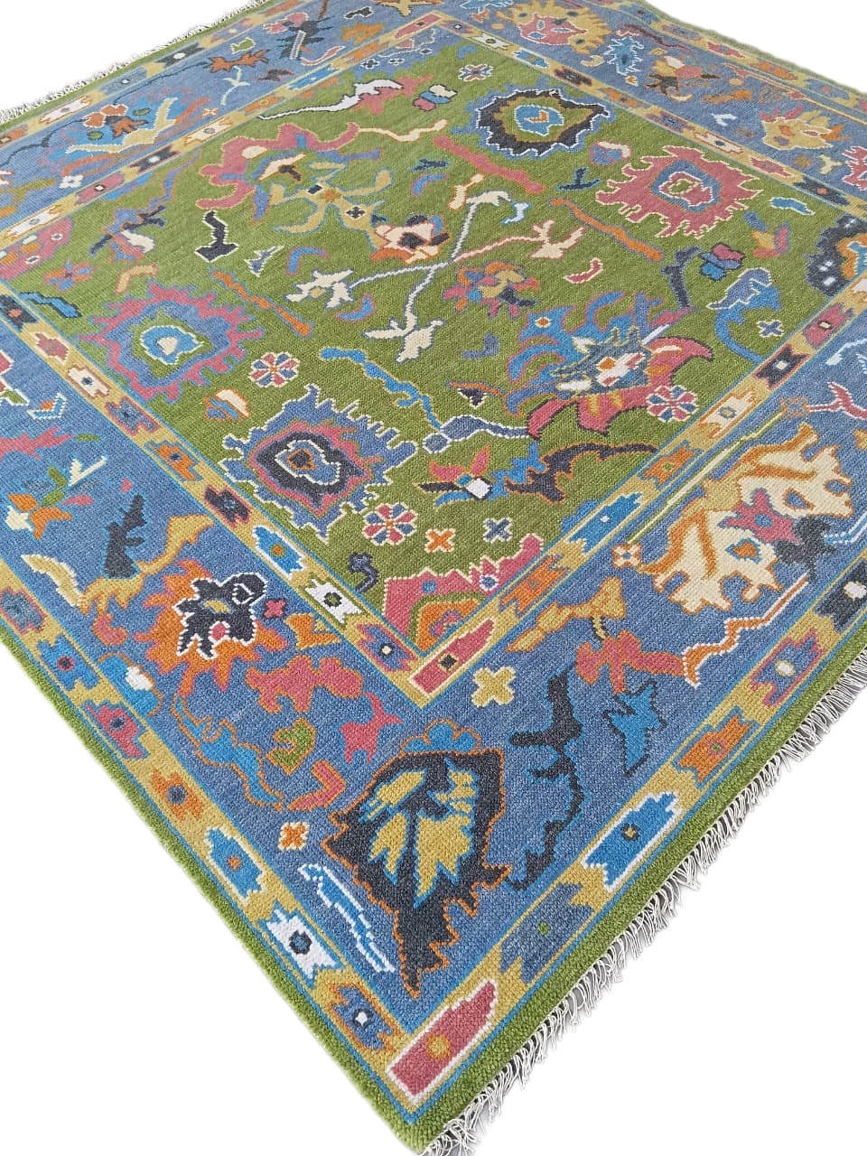 Hand Tufted Wool Rug Lime Green Floral Modern Oushak