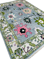8x10 Blue Oushak Rug Hand Knotted Sage Green Pink Pastel Wool Area Carpet