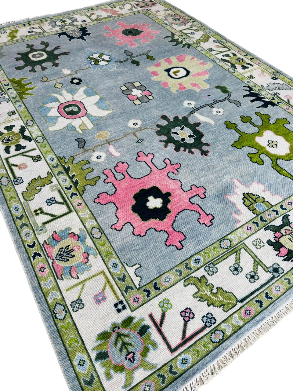 8x10 Blue Oushak Rug Hand Knotted Sage Green Pink Pastel Wool Area Carpet