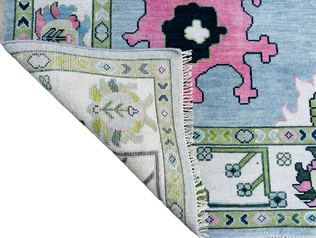 8x10 Blue Oushak Rug Hand Knotted Sage Green Pink Pastel Wool Area Carpet
