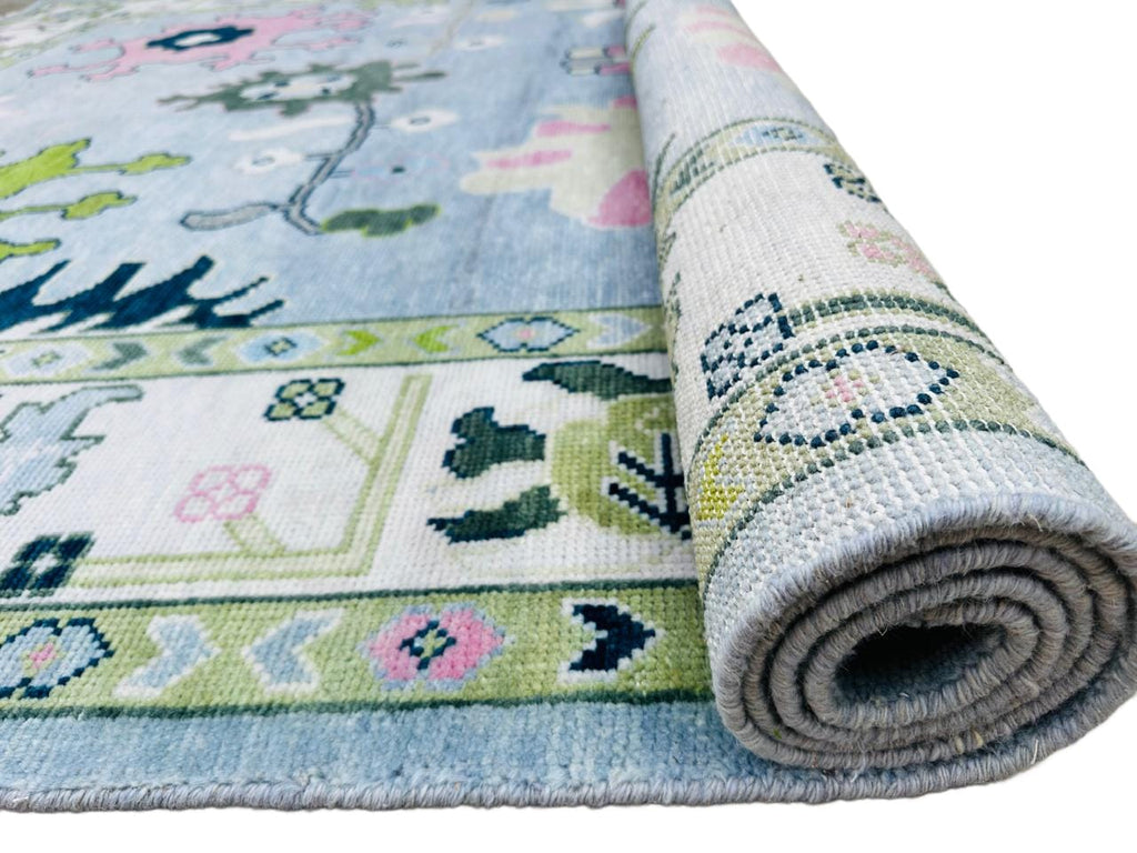 8x10 Blue Oushak Rug Hand Knotted Sage Green Pink Pastel Wool Area Carpet