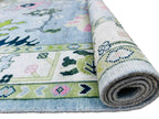 8x10 Blue Oushak Rug Hand Knotted Sage Green Pink Pastel Wool Area Carpet