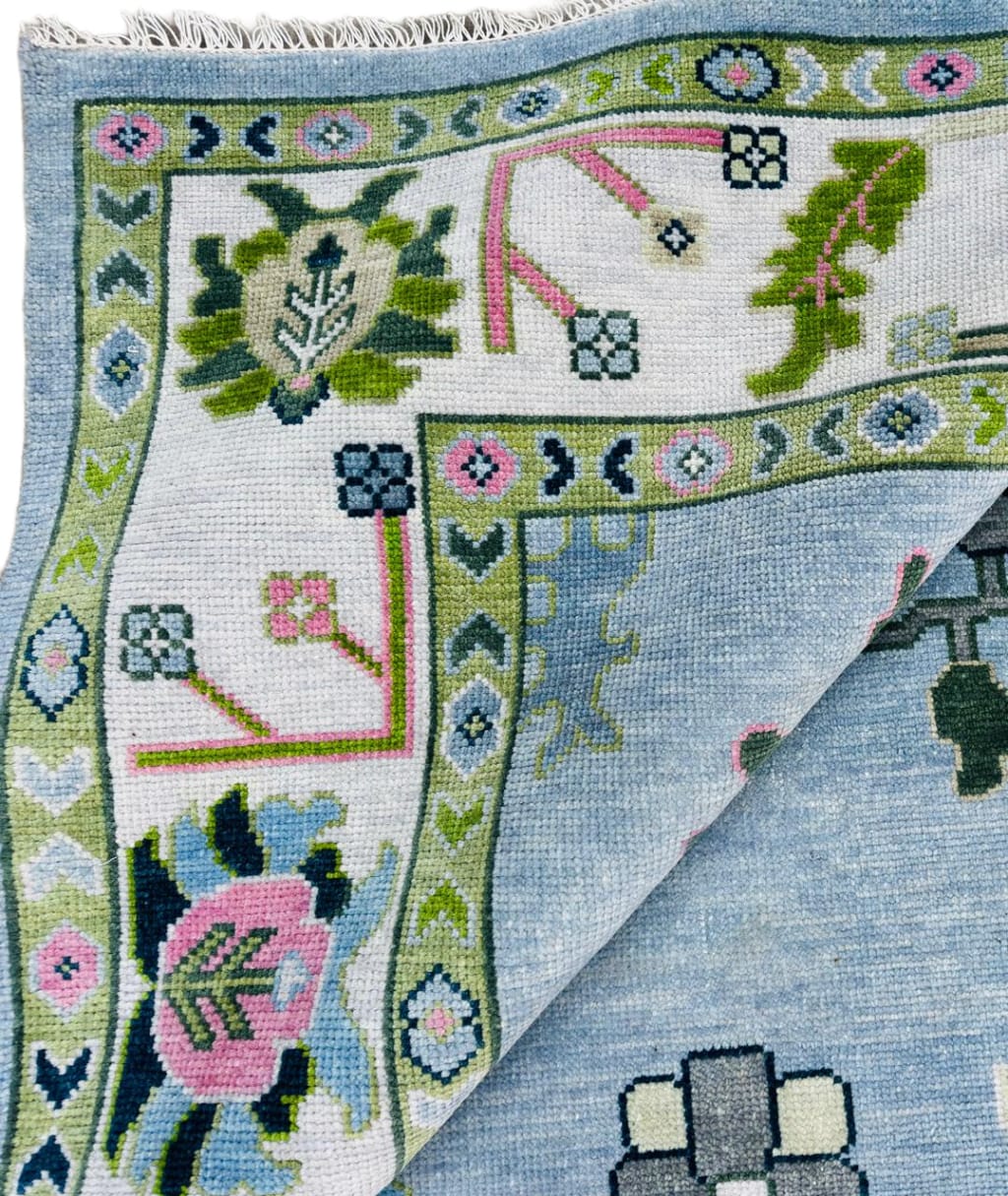 8x10 Blue Oushak Rug Hand Knotted Sage Green Pink Pastel Wool Area Carpet
