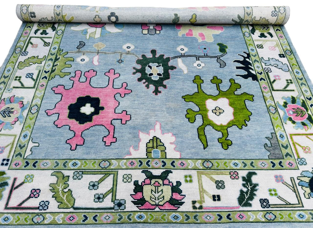 8x10 Blue Oushak Rug Hand Knotted Sage Green Pink Pastel Wool Area Carpet