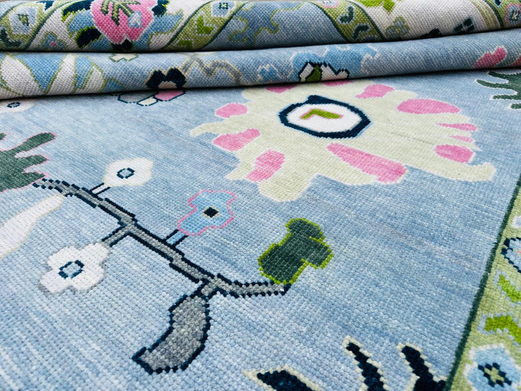 8x10 Blue Oushak Rug Hand Knotted Sage Green Pink Pastel Wool Area Carpet