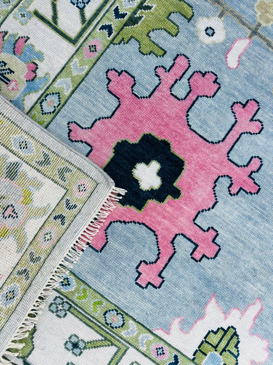 8x10 Blue Oushak Rug Hand Knotted Sage Green Pink Pastel Wool Area Carpet