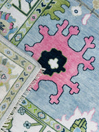 8x10 Blue Oushak Rug Hand Knotted Sage Green Pink Pastel Wool Area Carpet