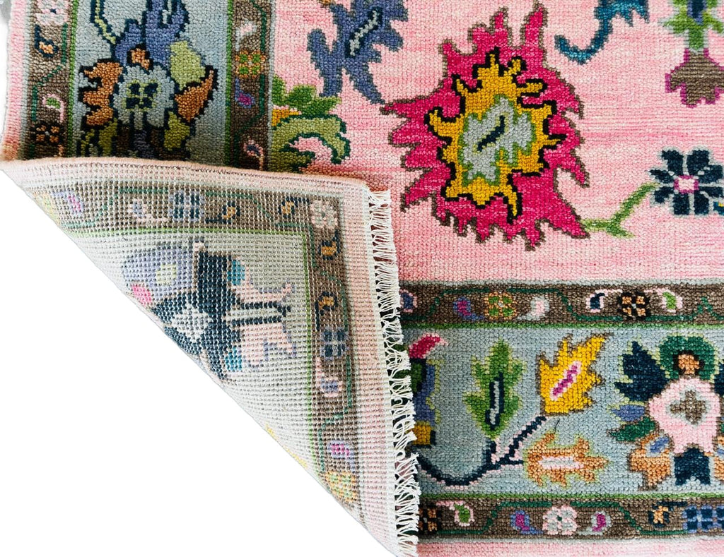 Hand Knotted Pink Oushak Rug 8x10 Sage Green Pastel Wool Area Carpet Traditional Turkish Floral Large Living Room Nursery Home Decor Aesthetic