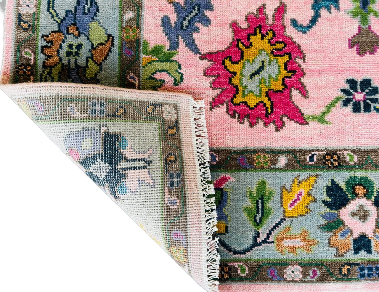 Hand Knotted Pink Oushak Rug 8x10 Sage Green Pastel Wool Area Carpet Traditional Turkish Floral Large Living Room Nursery Home Decor Aesthetic