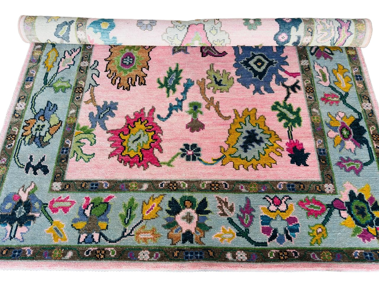 Hand Knotted Pink Oushak Rug 8x10 Sage Green Pastel Wool Area Carpet Traditional Turkish Floral Large Living Room Nursery Home Decor Aesthetic
