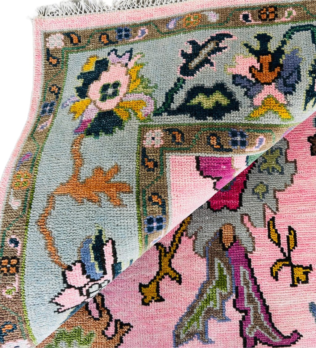 Hand Knotted Pink Oushak Rug 8x10 Sage Green Pastel Wool Area Carpet Traditional Turkish Floral Large Living Room Nursery Home Decor Aesthetic