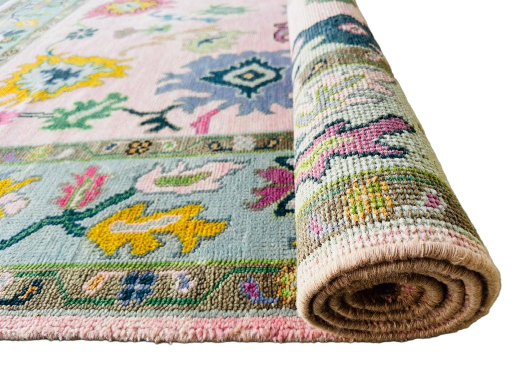 Hand Knotted Pink Oushak Rug 8x10 Sage Green Pastel Wool Area Carpet Traditional Turkish Floral Large Living Room Nursery Home Decor Aesthetic