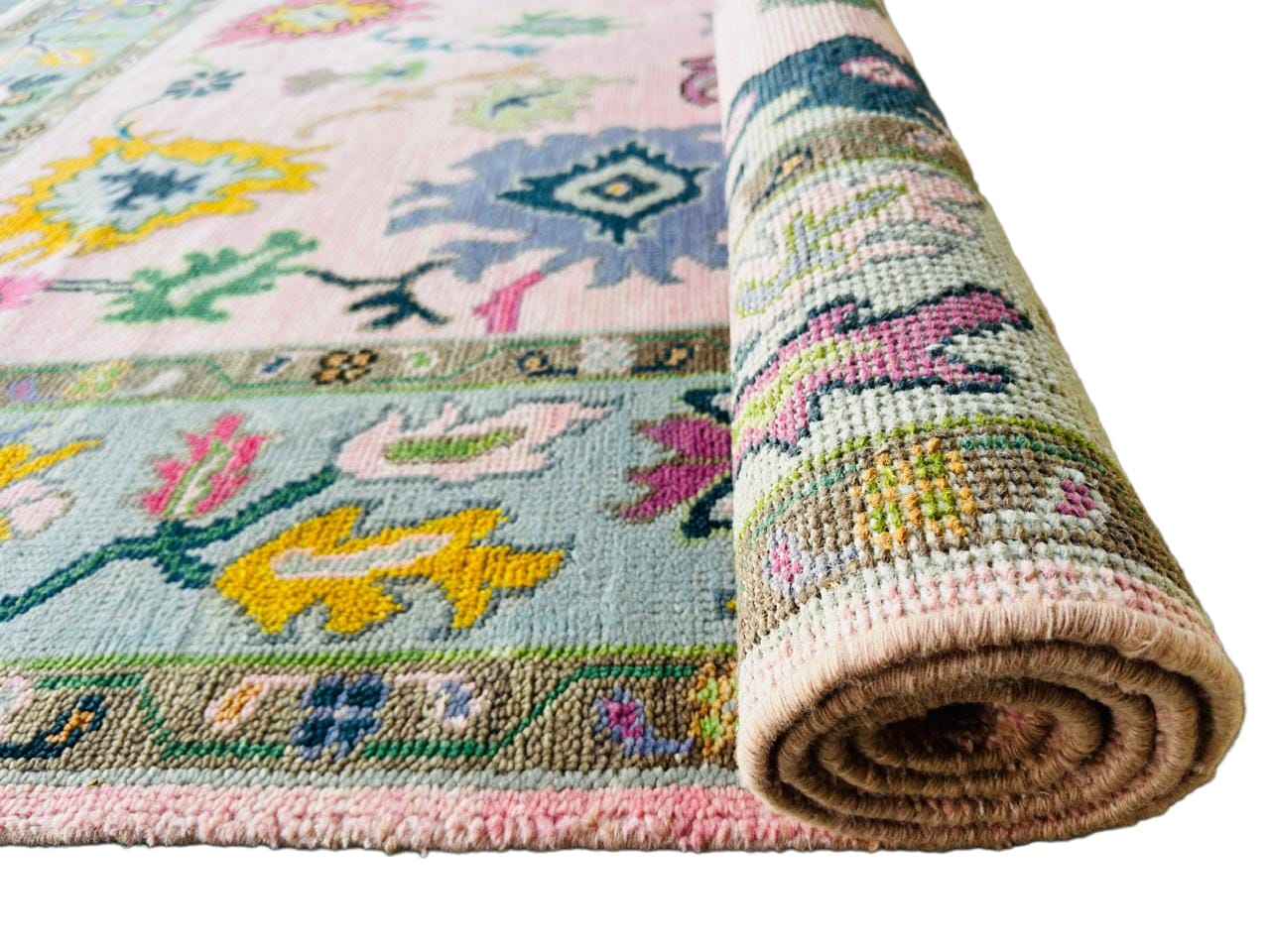 Hand Knotted Pink Oushak Rug 8x10 Sage Green Pastel Wool Area Carpet Traditional Turkish Floral Large Living Room Nursery Home Decor Aesthetic
