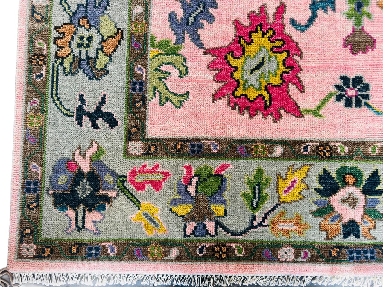 Hand Knotted Pink Oushak Rug 8x10 Sage Green Pastel Wool Area Carpet Traditional Turkish Floral Large Living Room Nursery Home Decor Aesthetic