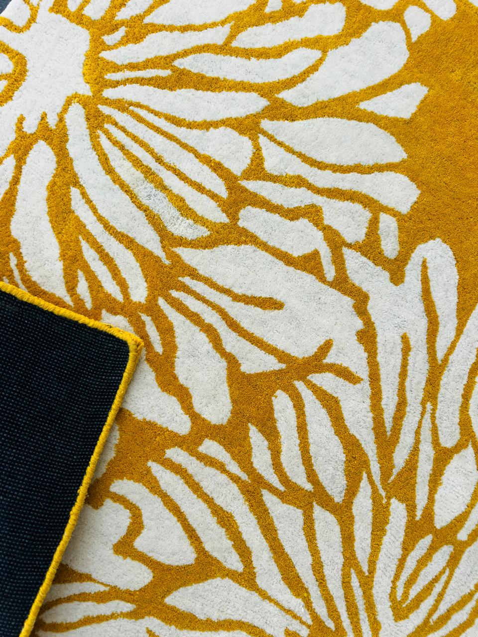 Modern Hand Tufted Wool Area Rug Mustard Yellow Ivory Floral Rectangular Carpet Soft Floor Rug For Home Office Decor.