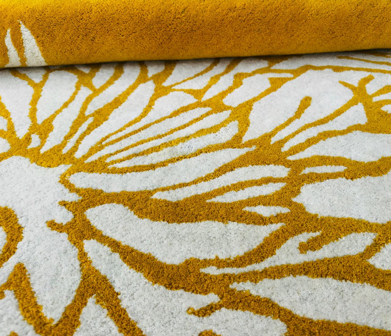 Modern Hand Tufted Wool Area Rug Mustard Yellow Ivory Floral Rectangular Carpet Soft Floor Rug For Home Office Decor.