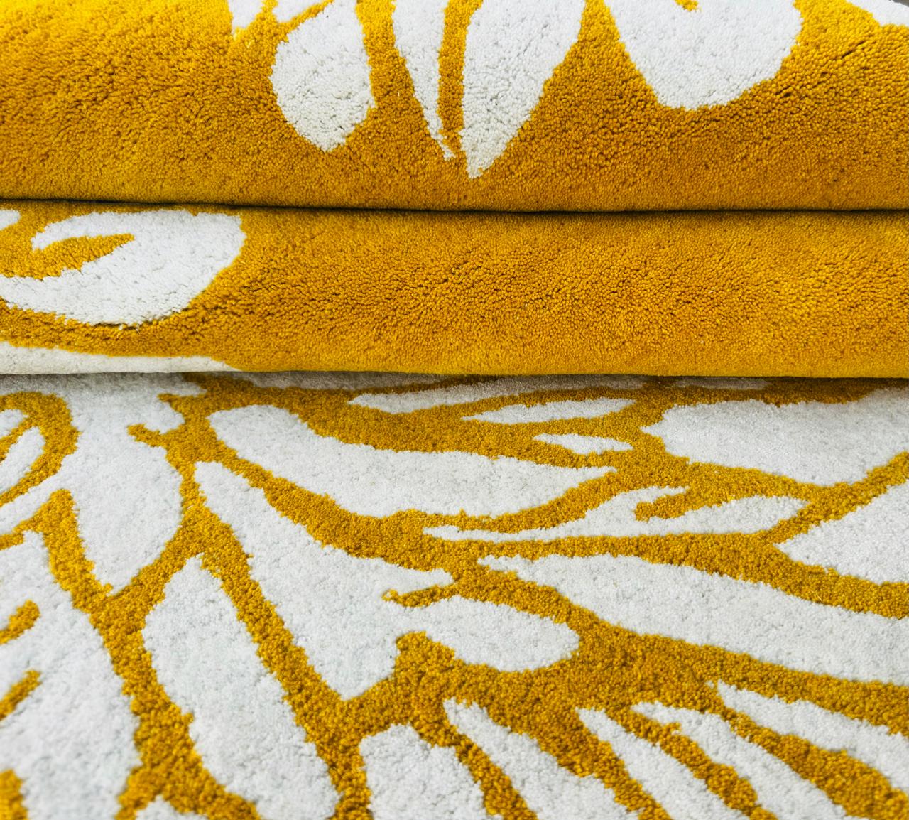 Modern Hand Tufted Wool Area Rug Mustard Yellow Ivory Floral Rectangular Carpet Soft Floor Rug For Home Office Decor.