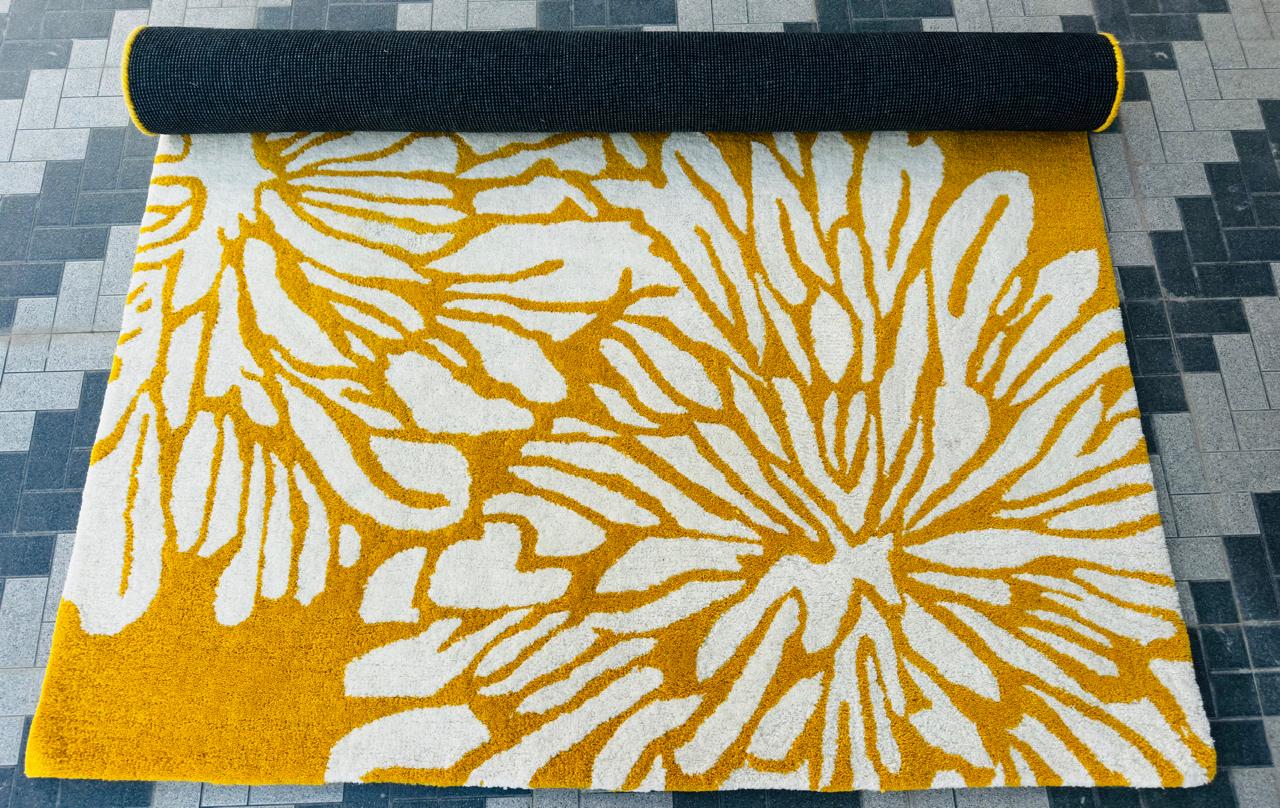 Modern Hand Tufted Wool Area Rug Mustard Yellow Ivory Floral Rectangular Carpet Soft Floor Rug For Home Office Decor.