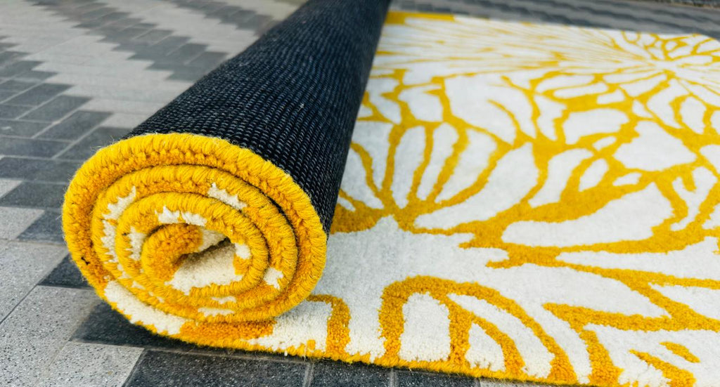 Modern Hand Tufted Wool Area Rug Mustard Yellow Ivory Floral Rectangular Carpet Soft Floor Rug For Home Office Decor.