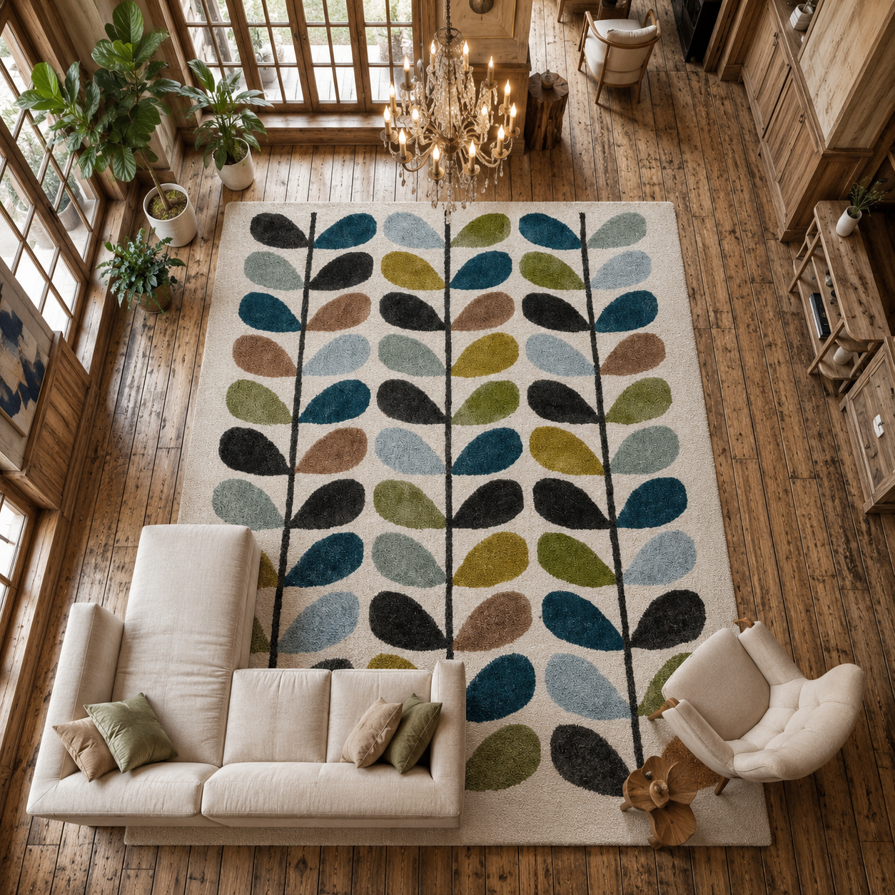 Contemporary Hand-Tufted Multicolored Leaf Rug | Designer Wool Blend Area Carpet for Modern Interiors