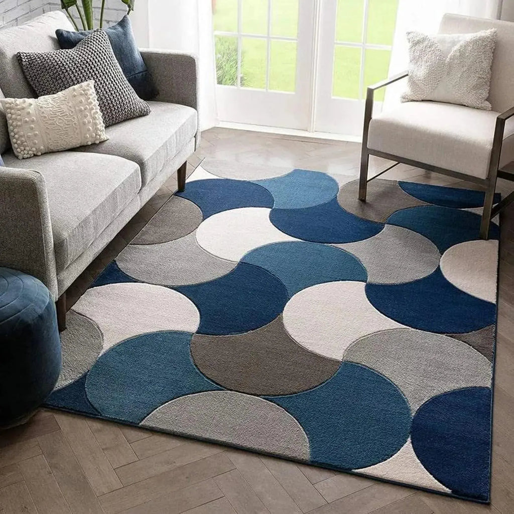 Luxury Hand-Tufted Wool Rug 8x10 – Blue & Beige Geometric Carpet for Modern Home Décor