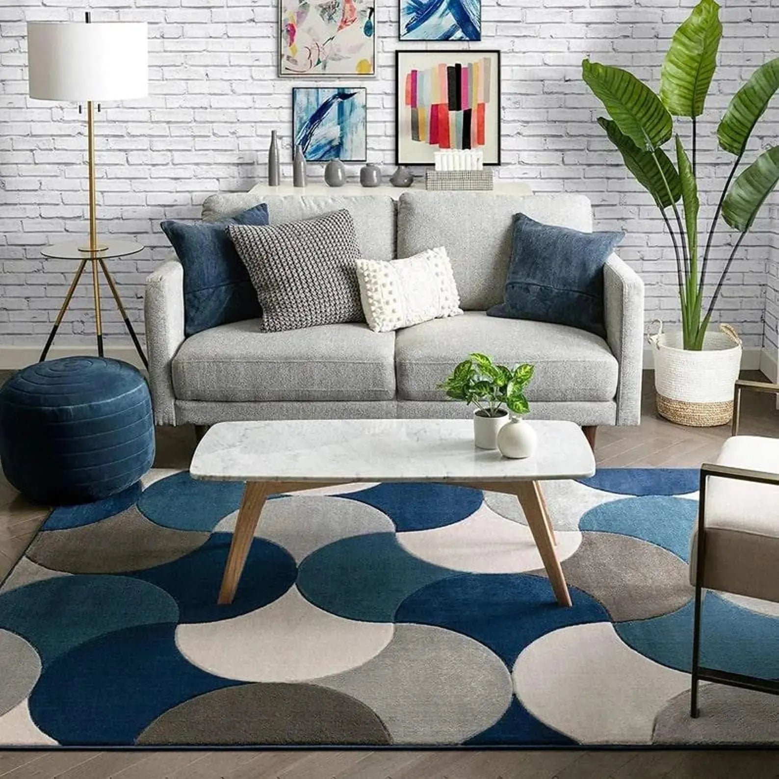 Luxury Hand-Tufted Wool Rug 8x10 – Blue & Beige Geometric Carpet for Modern Home Décor