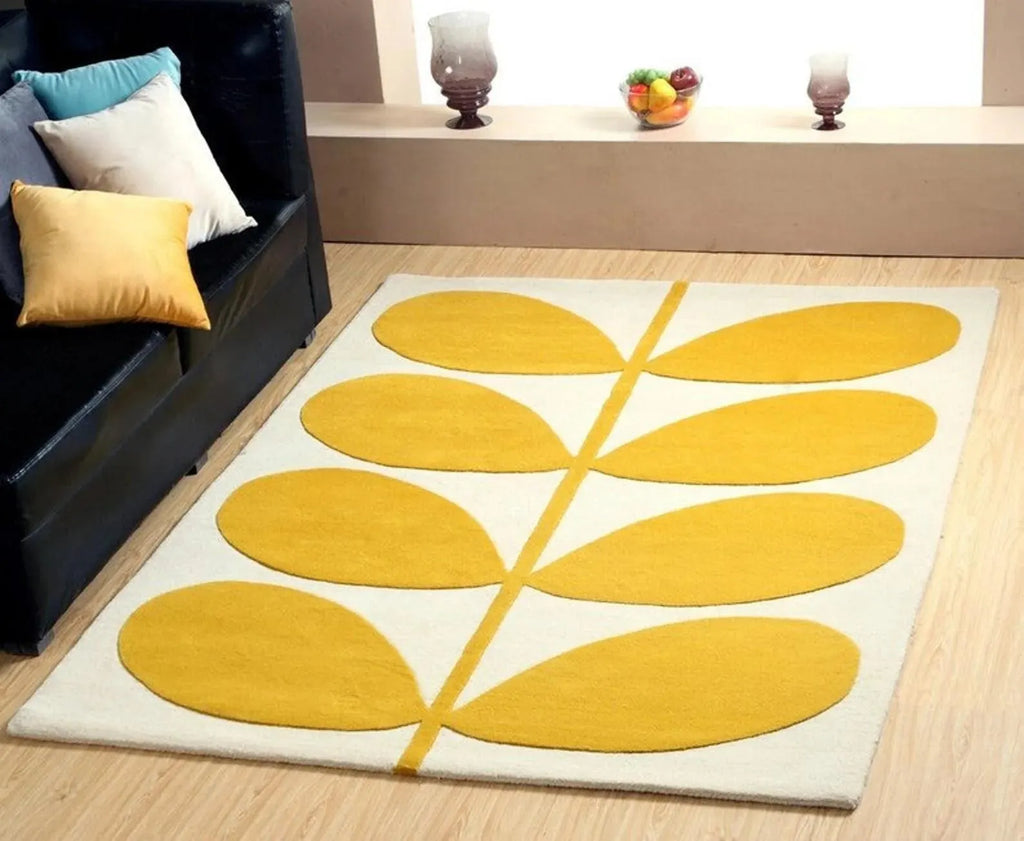 Luxury Hand-Tufted Wool Rug – Yellow & Beige Geometric Floral Area Rug for Modern Home Décor