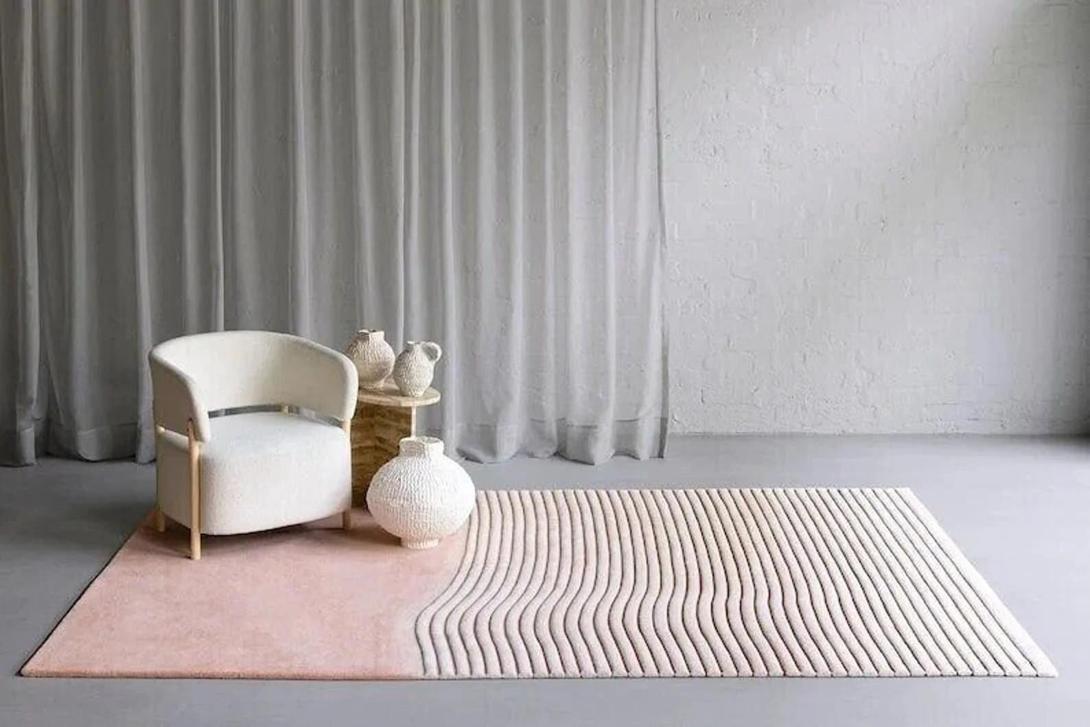 Handmade Abstract Wool Rug – Modern Pink & Beige Area Rug for Elegant Contemporary Décor