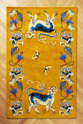 Hand-Tufted Wool Rug – Bold Yellow Tiger & Floral Design Statement Area Carpet for Luxury Home Décor