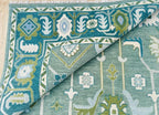 Hand-Knotted Oushak Wool Rug Bluish Green Floral Design Turkish Area Rug for Living Room & Home Décor