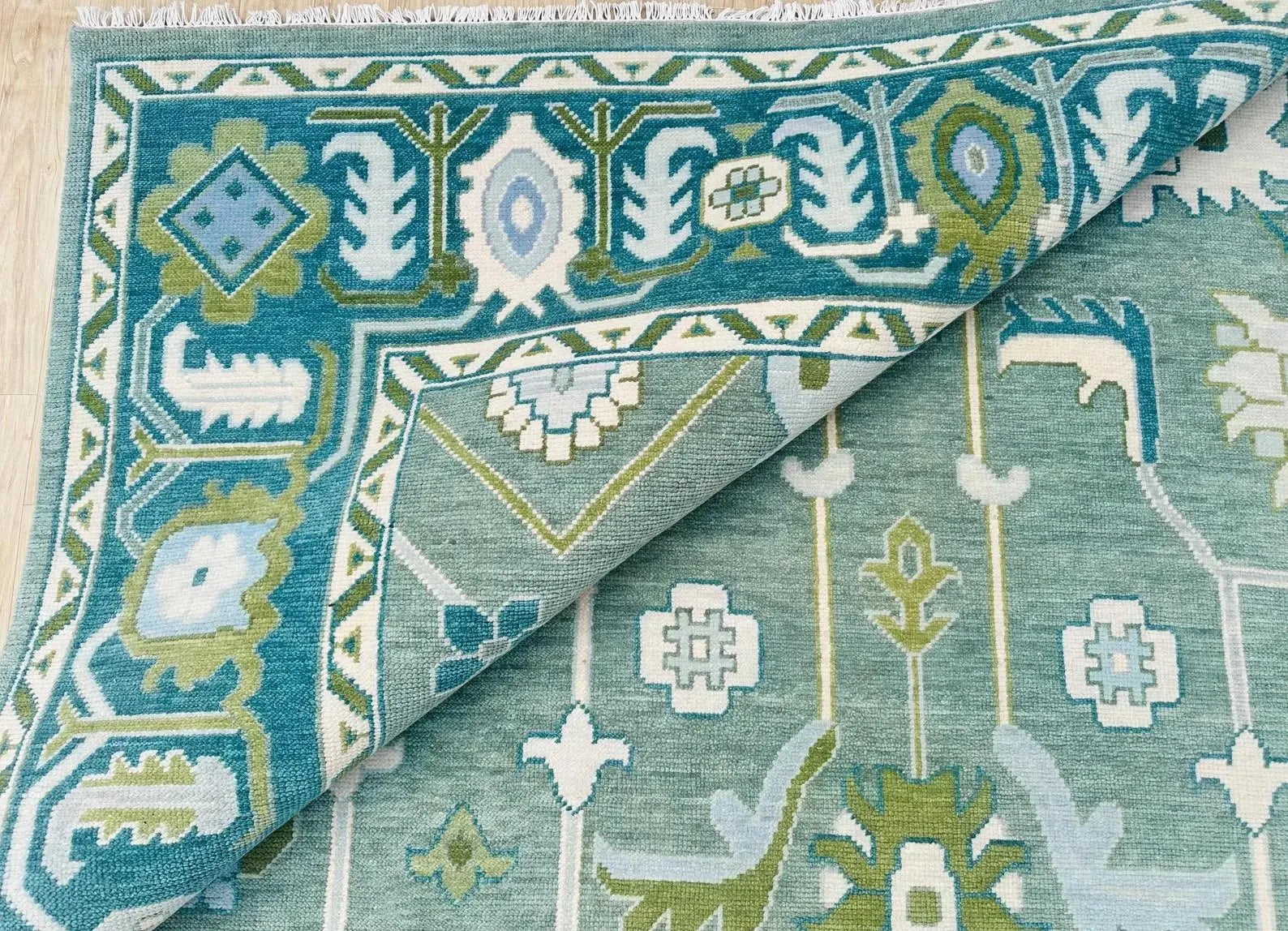 Hand-Knotted Oushak Wool Rug Bluish Green Floral Design Turkish Area Rug for Living Room & Home Décor