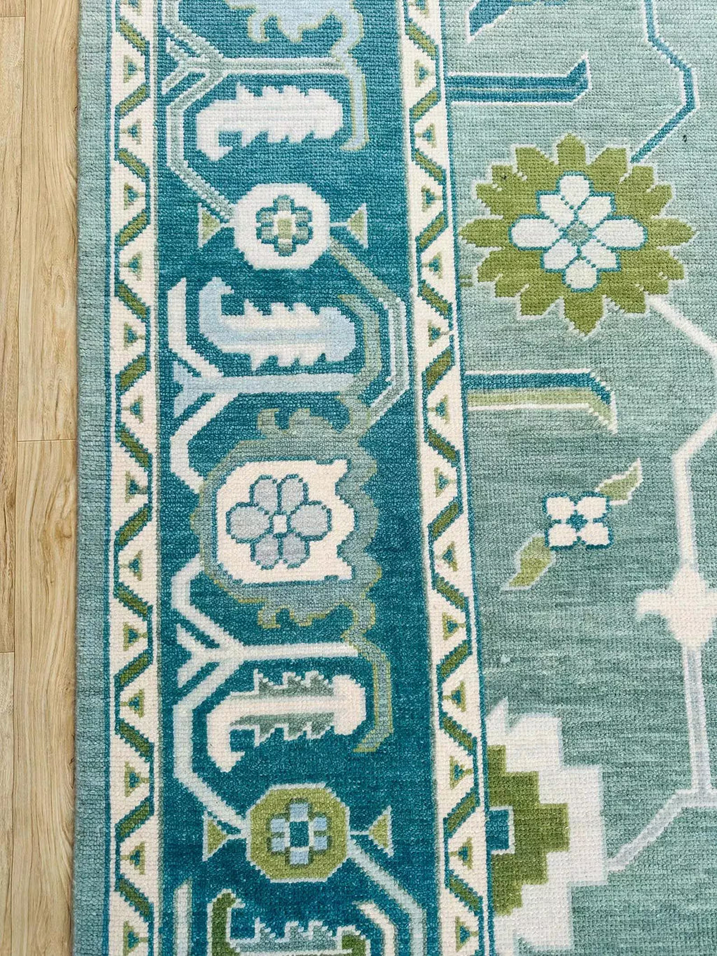 Hand-Knotted Oushak Wool Rug Bluish Green Floral Design Turkish Area Rug for Living Room & Home Décor