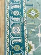 Hand-Knotted Oushak Wool Rug Bluish Green Floral Design Turkish Area Rug for Living Room & Home Décor