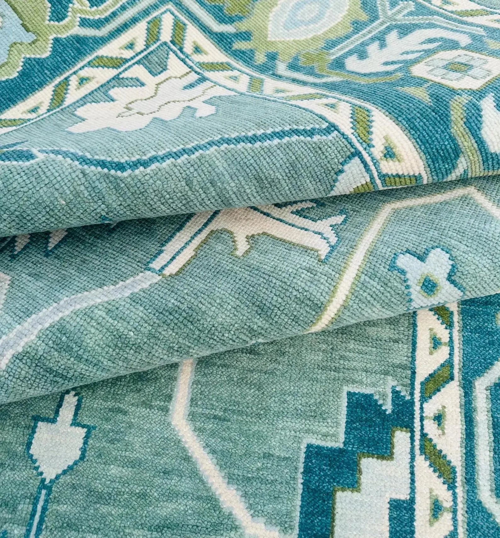 Hand-Knotted Oushak Wool Rug Bluish Green Floral Design Turkish Area Rug for Living Room & Home Décor