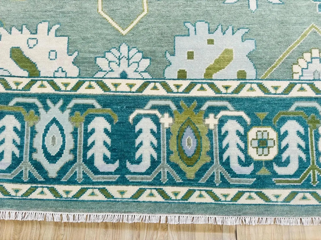 Hand-Knotted Oushak Wool Rug Bluish Green Floral Design Turkish Area Rug for Living Room & Home Décor