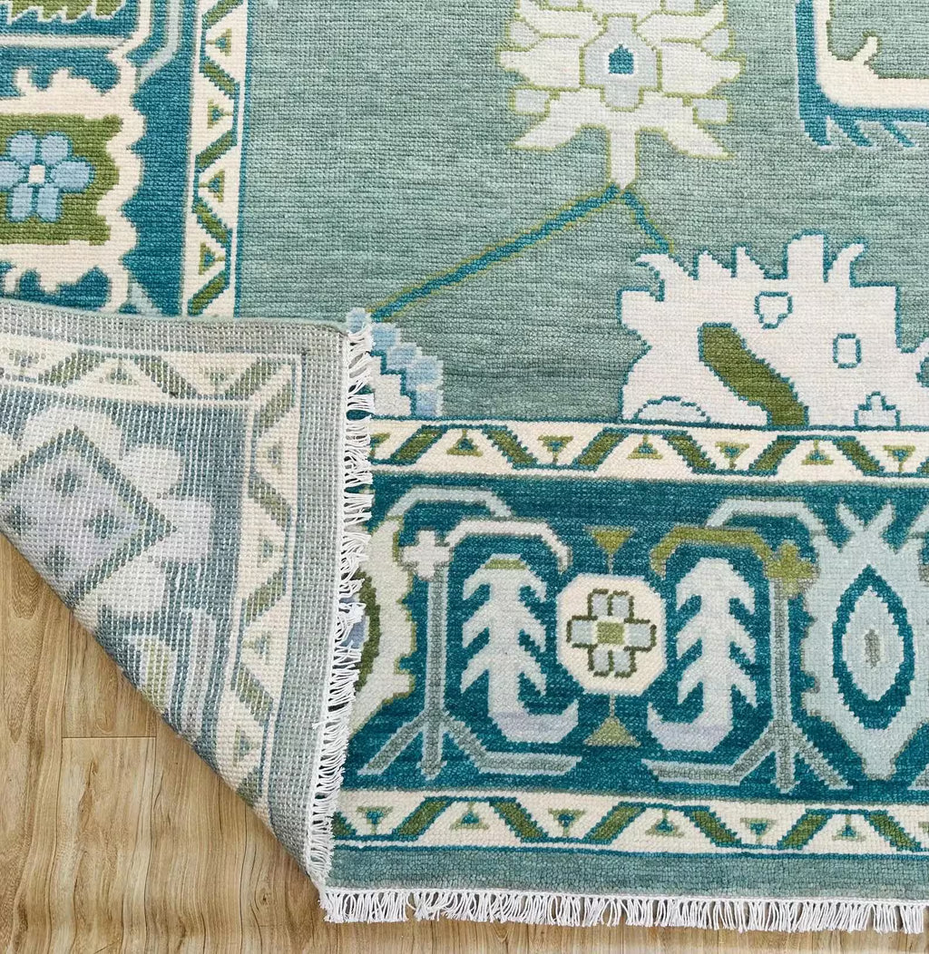 Hand-Knotted Oushak Wool Rug Bluish Green Floral Design Turkish Area Rug for Living Room & Home Décor