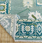 Hand-Knotted Oushak Wool Rug Bluish Green Floral Design Turkish Area Rug for Living Room & Home Décor