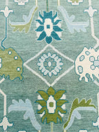 Hand-Knotted Oushak Wool Rug Bluish Green Floral Design Turkish Area Rug for Living Room & Home Décor