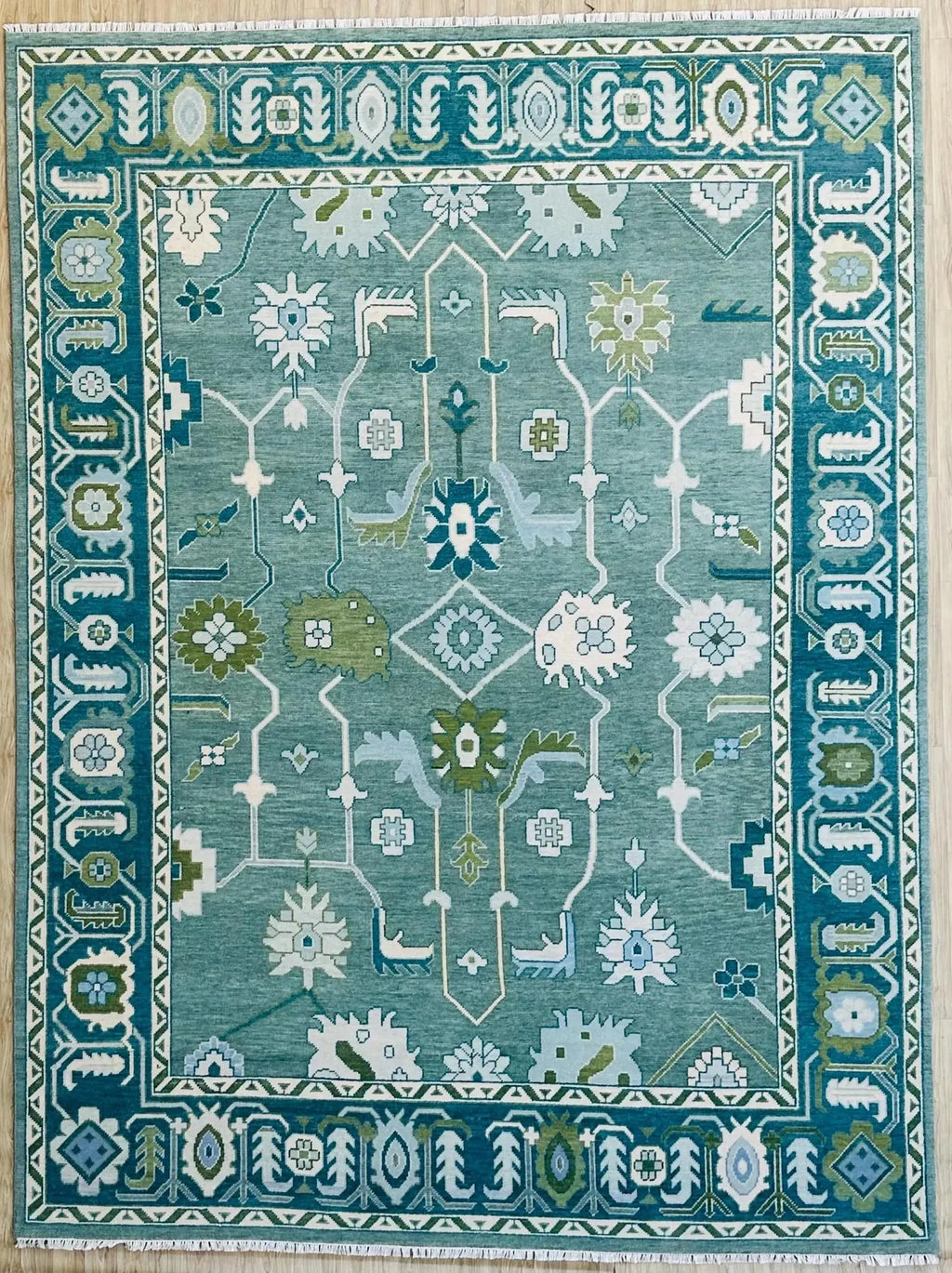 Hand-Knotted Oushak Wool Rug Bluish Green Floral Design Turkish Area Rug for Living Room & Home Décor
