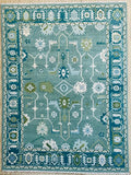 Hand-Knotted Oushak Wool Rug Bluish Green Floral Design Turkish Area Rug for Living Room & Home Décor