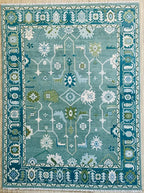 Hand-Knotted Oushak Wool Rug Bluish Green Floral Design Turkish Area Rug for Living Room & Home Décor