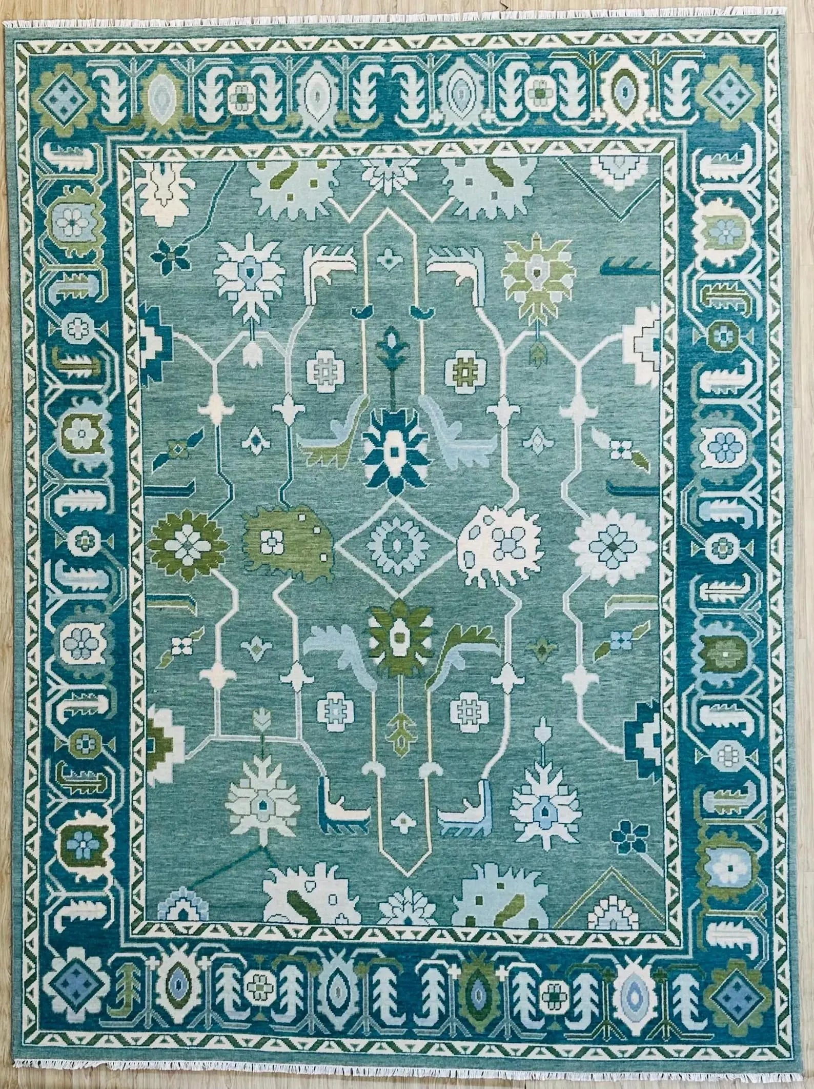 Hand-Knotted Oushak Wool Rug Bluish Green Floral Design Turkish Area Rug for Living Room & Home Décor
