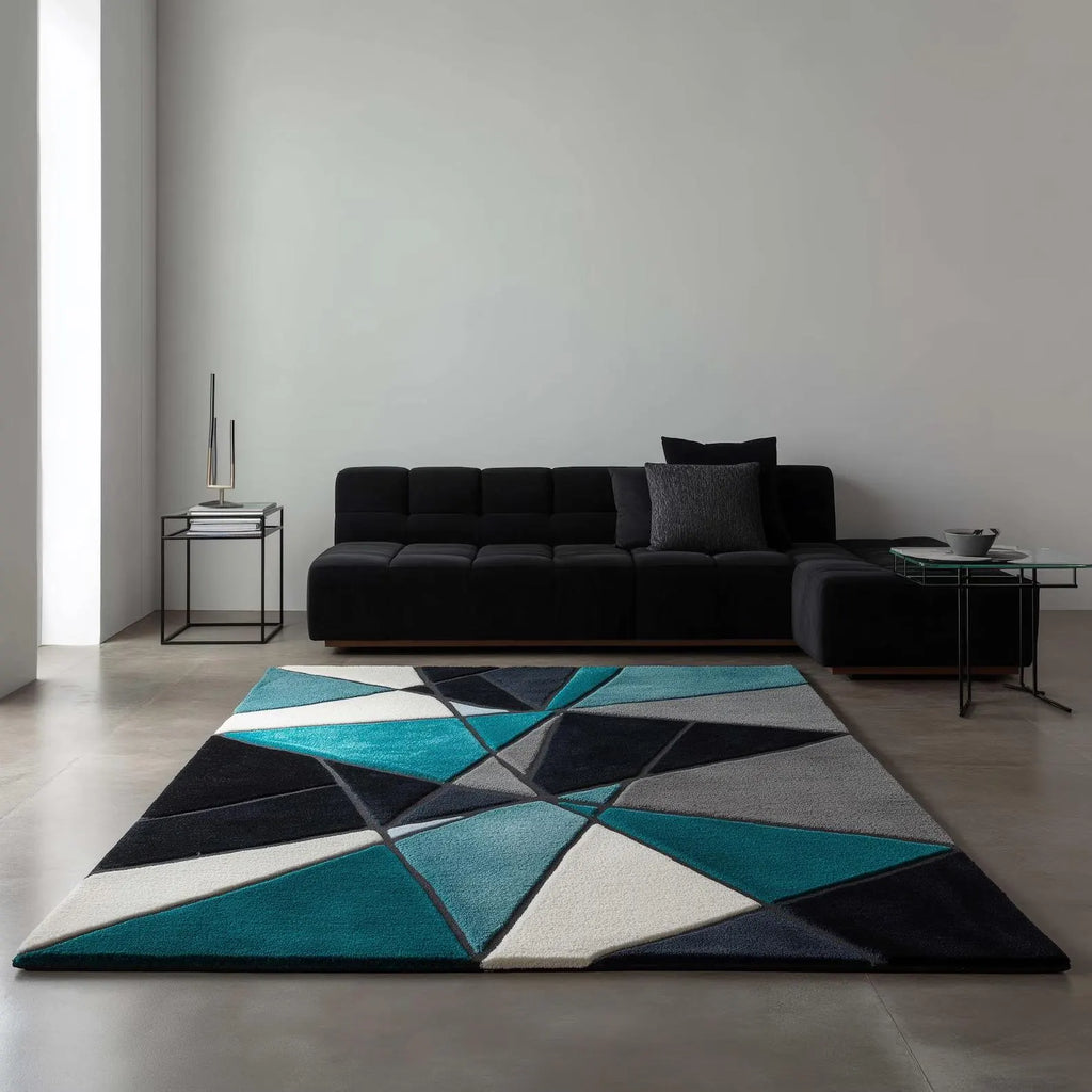 Deep Teal Geometric Wool Area Rug – Hand-Tufted Modern Abstract Rug