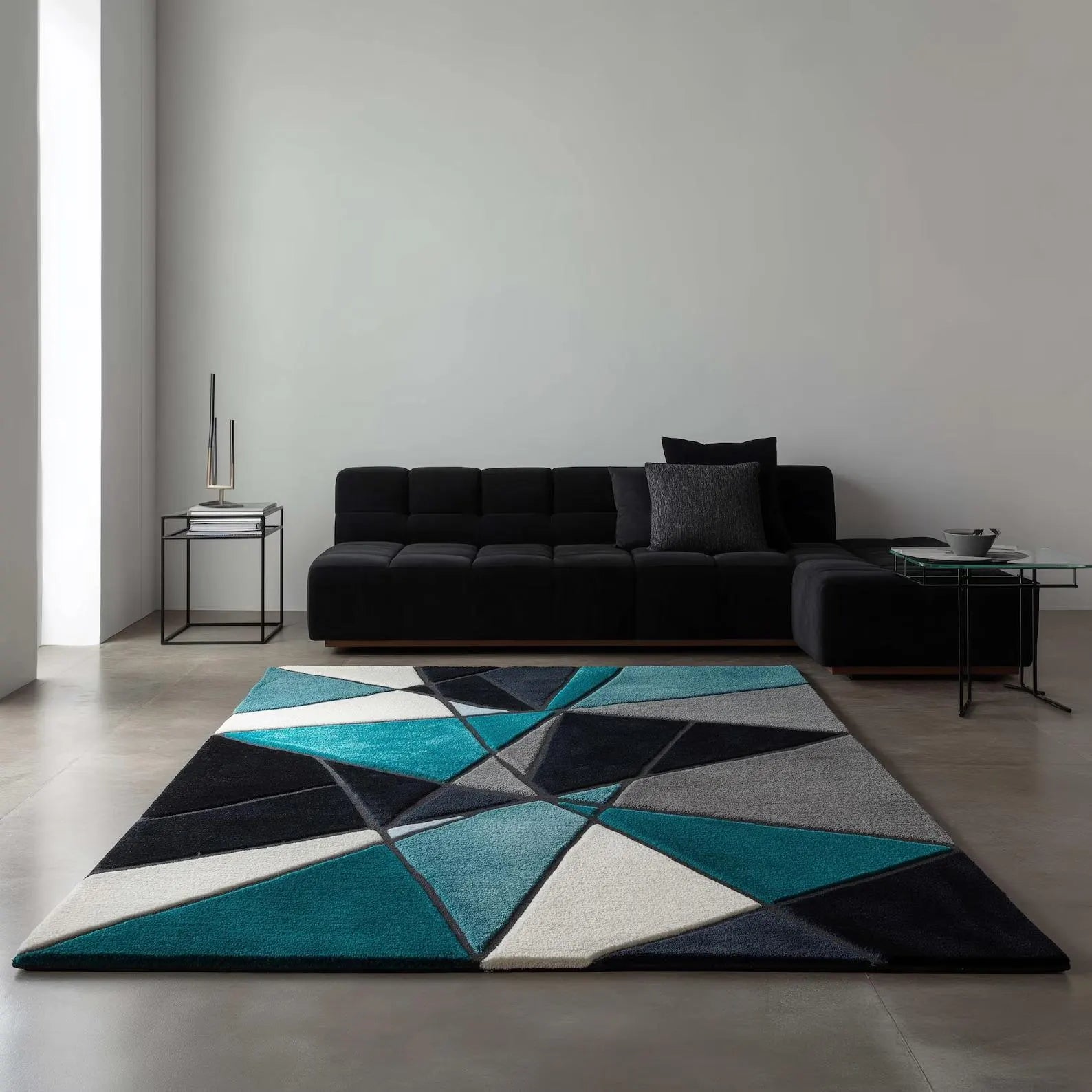 Deep Teal Geometric Wool Area Rug – Hand-Tufted Modern Abstract Rug