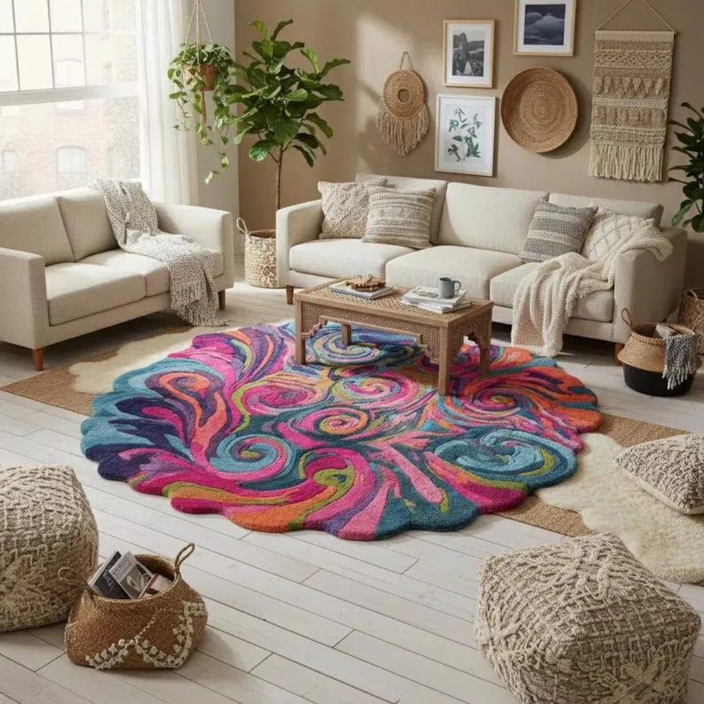 Psychedelic Swirl Hand-Tufted Wool Rug – Colorful Abstract Wavy Area Rug