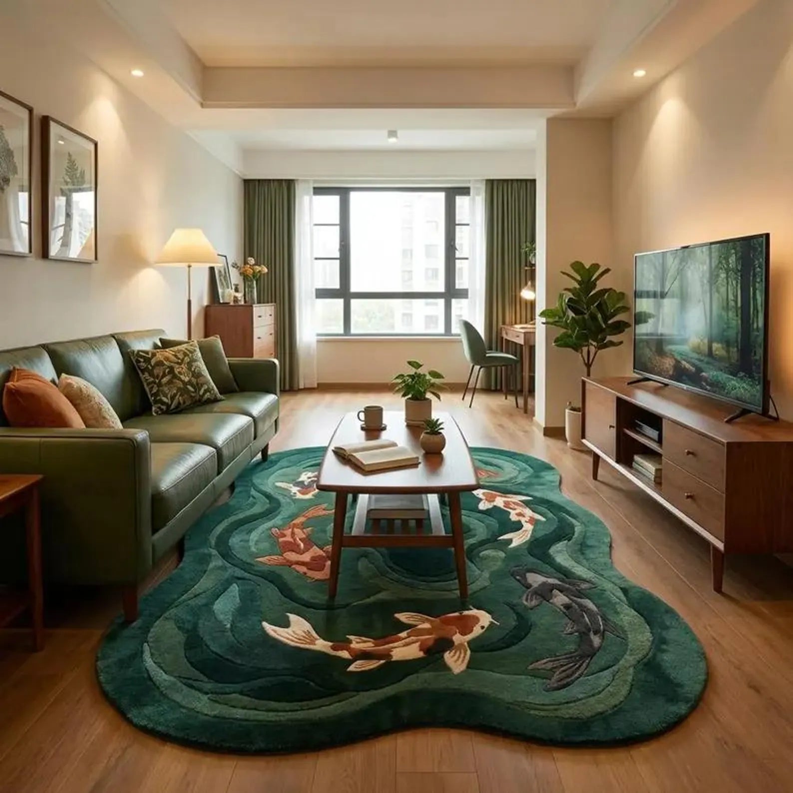Hand-Tufted Koi Fish Wool Rug – Green Artistic Area Rug for Modern & Japandi Interiors