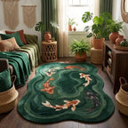 Hand-Tufted Koi Fish Wool Rug – Green Artistic Area Rug for Modern & Japandi Interiors