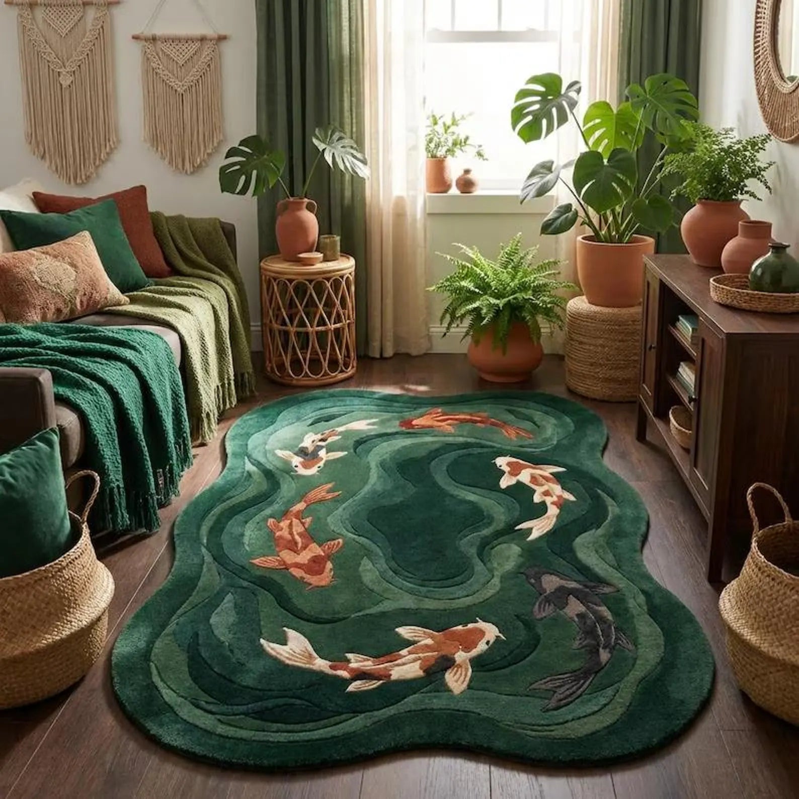 Hand-Tufted Koi Fish Wool Rug – Green Artistic Area Rug for Modern & Japandi Interiors
