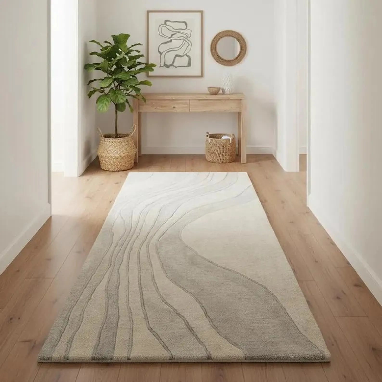 Luxury Hand Tufted Neutral Runner Rug – Modern Wave Pattern Area Carpet for Minimalist & Japandi Interiors