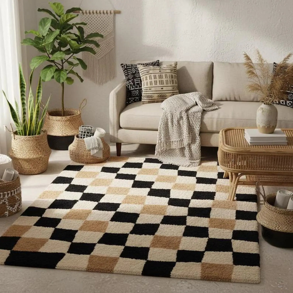 Modern Hand Tufted Checkerboard Area Rug – Neutral Squares Soft Durable Mat